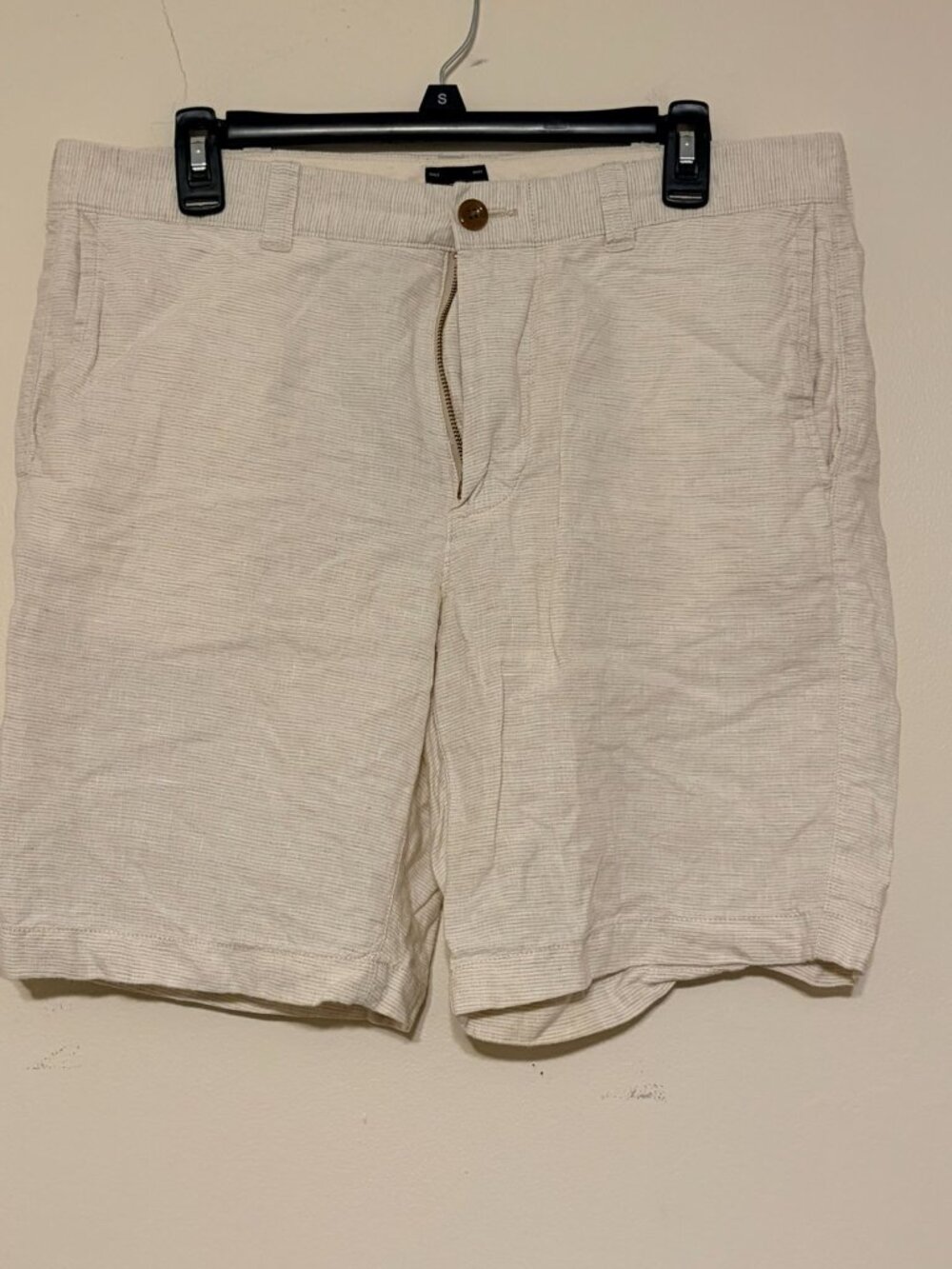 Men's J. Crew Ivory Beige Thin Stripe 100% Linen Flat Front Shorts 33 Waist